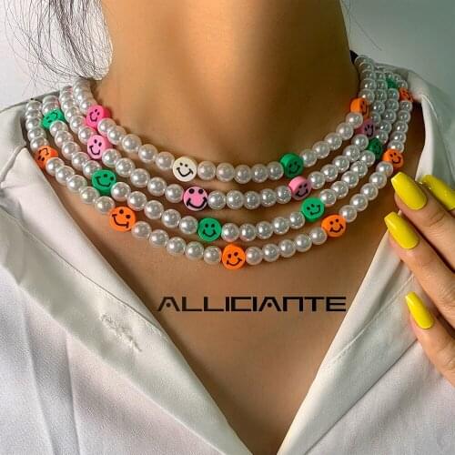 Simple Colorful Smiley Face Beads White Pearls Beaded Necklace For Women Imitation Pearl Choker Handmade Necklaces Boho Jewelry