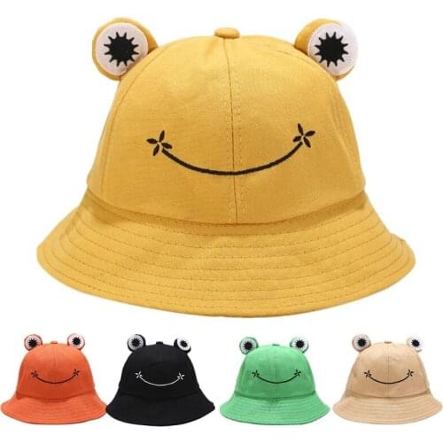 Children Kids Cute Cartoon Frog Animal Bucket Hat Solid Color Wide Brim Sun Protection Packable Adjustable Beach Vacation Fisher