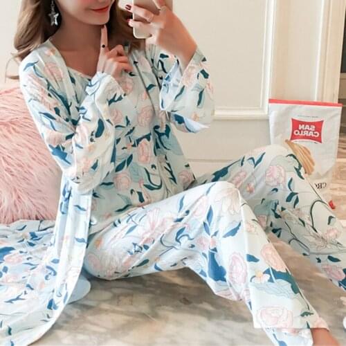 Hot Selling 3Pcs Soft Pajama Set For Spring Fall Ladies Sleepwear Floral Printed Pink Leaves Cardigan+Camisole+Pants Homewear