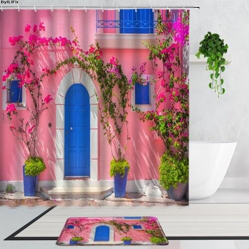 Pink Pastoral Scenery Blue Doors Windows Shower Curtains Flower Plant Mediterranean Garden View Bathroom Curtain Set Bath Mats
