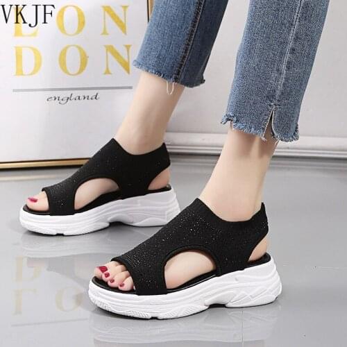 New Womens Sandals Outdoor Wedges Breathable Mesh Shoes for Woman Summer Fashion Rhinestone Platform Casual Open Toe Sandals