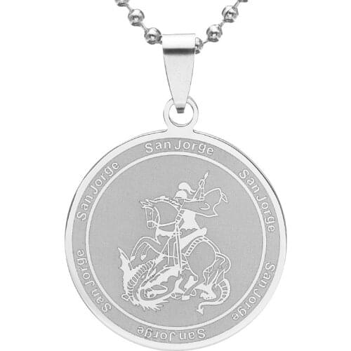 Silver Color Stainless Steel San Jorge Saint George Slaying Dragon Round Pendant Necklace SS Chain 60CM Free Chain