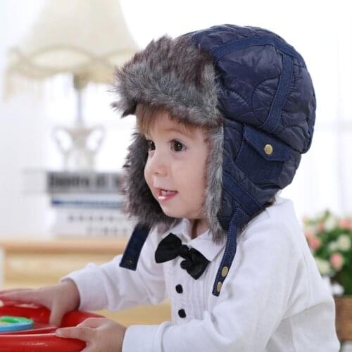 Baby & kids toddler boys faux fur fleece blue bomber hats new winter warm infant snow casual earflap hats christmas gifts