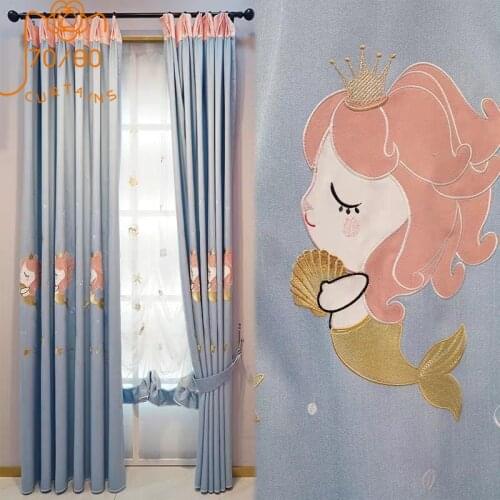 Childrens Room High-end Mermaid Cotton and Linen Embroidery Thickened Blackout Curtains for Bedroom Girl Room Finished