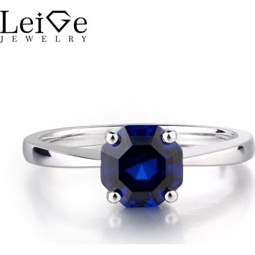 Leige Jewelry Blue Sapphire Solid 925 Sterling Silver September Birthstone Octagon Cut Anniversary Solitaire Rings For Woman