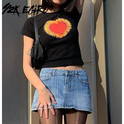 Y2K EGIRL Vintage O-neck Short Sleeve Y2K Crop Tops 90s Streetwear Heart Pattern Black T-shirts Sweet Kawaii Outfits Fashion
