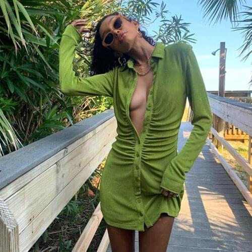 Women Chic Shirt Dress Fashion Pleated Button-up Draped Midi Vintage Long Sleeve Female Sexy Blouse Mini Party Dresses Vestidos