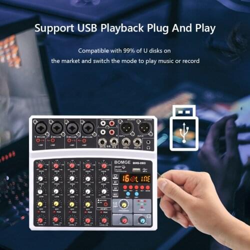 BMG-06D Sound Mixing 6 Channels Blustooth Mobile USB Record Computer Playback 48v Phanton Power Input Audio Mixer