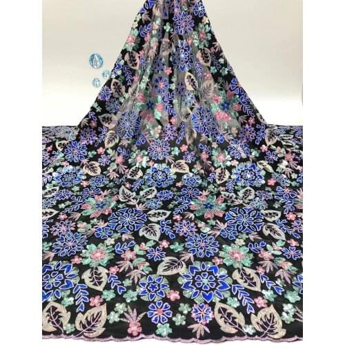 Floral Pattern Velvet Lace Fabric High Quality African French Lace Fabric with Sequins Royal Blue Nigeria Sequence Lace D4473