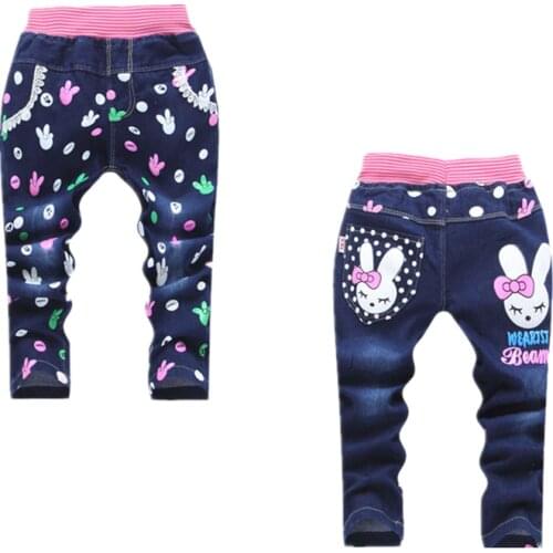 New spring autumn baby girls jeans children cartoon kitty rabbit trousers kid casual pants retail 2-5 years old free shipping