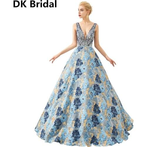 Elegant Floral Sexy V Neck Crystal Beads Evening Dresses 2019 Prom Dresses robe de soiree 2019 Formal Evening Gown Party Dress