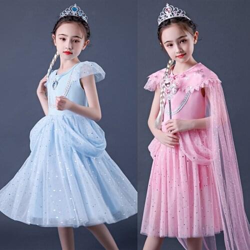 Elsa Blue Pink Mesh Dress Snow Queen Long Cloak Sequin Dress Christmas Halloween Kids Baby Gift Dresses Halloween