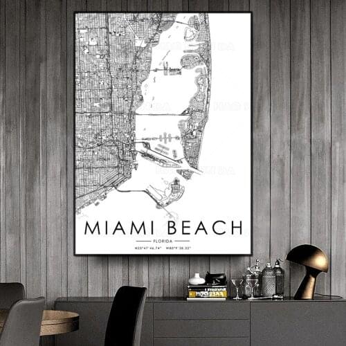 Florida The Miami Beach City Map Poster Canvas Painting HD Print Wall Art Picture for Living room Home decoration Artwork