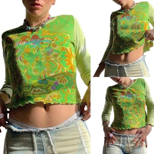 Womens Crew Neck Crop Tops, Long Sleeve Abstract Print Lettuce Trim Tight T-Shirts 2021 New Fashion