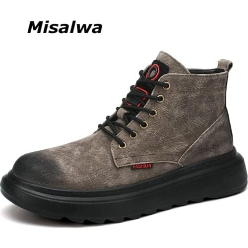 Misalwa Autumn Winter Combat Boots Outdoor Farmer Boots British Plush High Top Mens Shoes Suede Leather Comfortable Boots