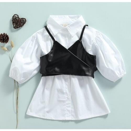 1-5Years Fashion Baby Girls Puff Sleeve Shirt Dress + Leather Corset Vest Autumn Long Sleeve Single Breasted Dress Kids Clothes
