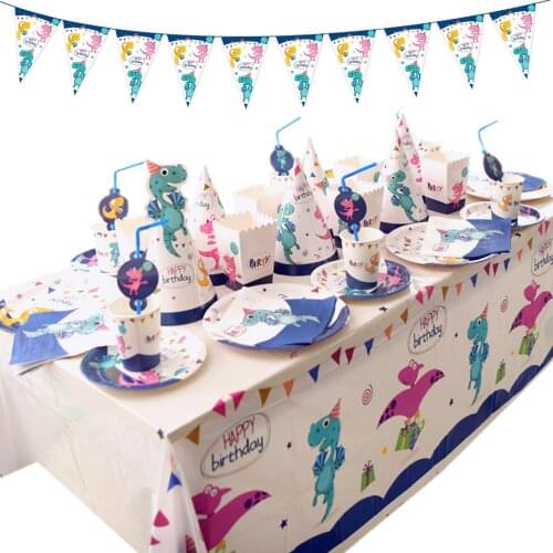 Animal Disposable Paper Dinosaur Tableware Set Plates Cups Straws Tablecloth Table Decoration For Birthday Wedding Theme Party