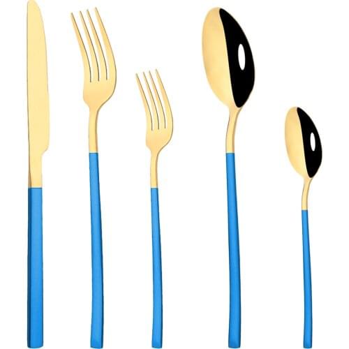 5/20/30Pcs Dinnerware Set Blue Gold Food Flatware Spoon Knife Cutlery Stainless Steel Western Silverware Kitchen Tableware Set