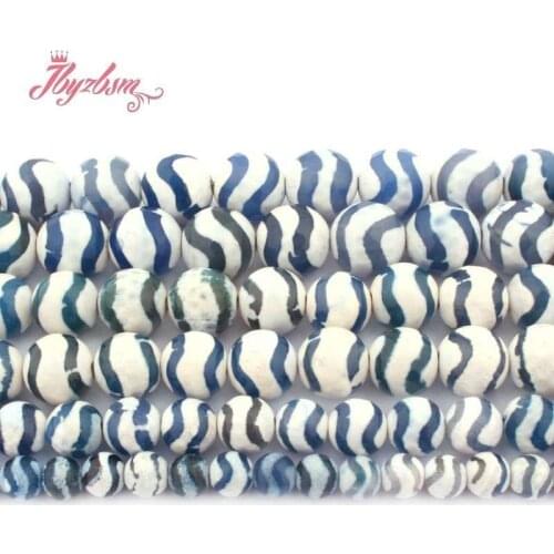 Natural DZI Tibetan Beads Round Faceted Zebra Wave White Blue Natual Agate For DIY Necklace Bracelet Jewelry Making Standard 15"