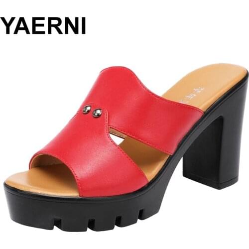 YAERNI Shoes Ladies' Slippers Women Heels Pantofle Square heel Med Platform Luxury Slides High Flat 2021 Block Designer Soft PU