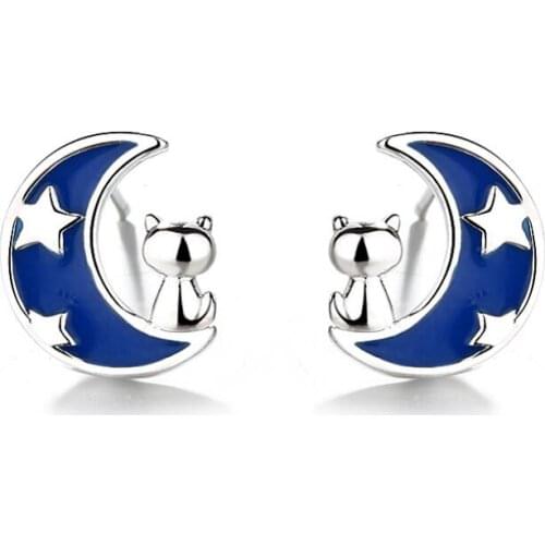 Oly2u Dainty Blue Enamel Moon&Star Studs Earrings Women Girls Fashion Lovely Cat Kitten Sitting on Crescent Earings Aretes