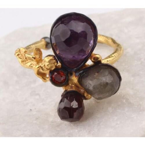 Red Brown Purple and Green Zircon Gold Plated Womens Silver Ring, Woman Silver Zircon Handmade Ring, Colorful Oval Zircon Ring