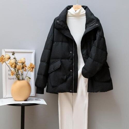 Womens Winter Down Jacket With Zipper Loose Female Short Warm Puffer Jacket Stand Collar Solid Casual Thick Women Outwear