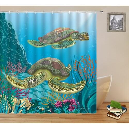Cartoon Sea Turtle Shower Curtains Funny Ocean Animal Underwater World Scenery Seaweed Coral Pattern Bath Decor Cloth Curtain