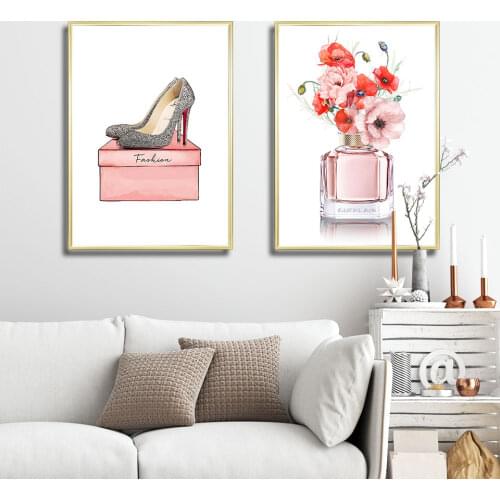 Self-adhesive Wall Sticker Flower Perfume Fashion Poster High-heeled Shoes Wall Art Print Modern Picture For Living Home Decor