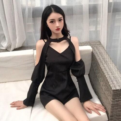 Sexy black Two pieces spaghetti strap Playsuits woman off shoulder v-neck halter conjuntos de mujer fashion hollow out autumn