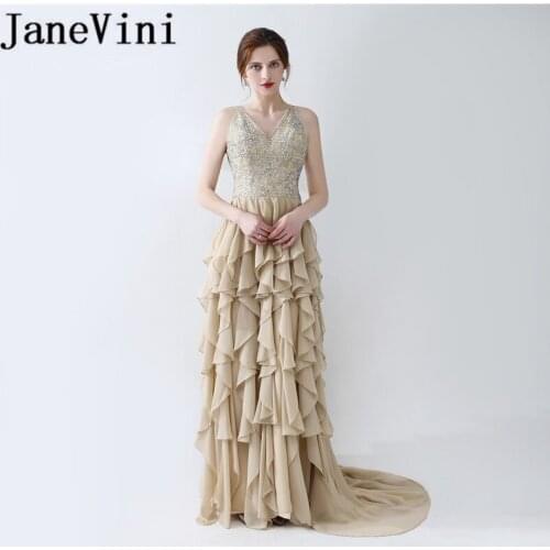 JaneVini Chic Beads Sequins Evening Dresses A Line Ruffles Sexy Backless Chiffon Sweep Train Mother of the Bride Dress Plus Size