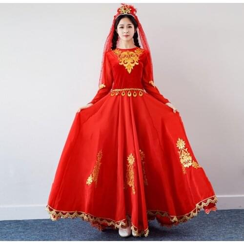 Xinjiang Dance Costume Minority Wind Red Headwear Dress Women Adult Large Performance Uyghur Opening Dance Stage Costumes