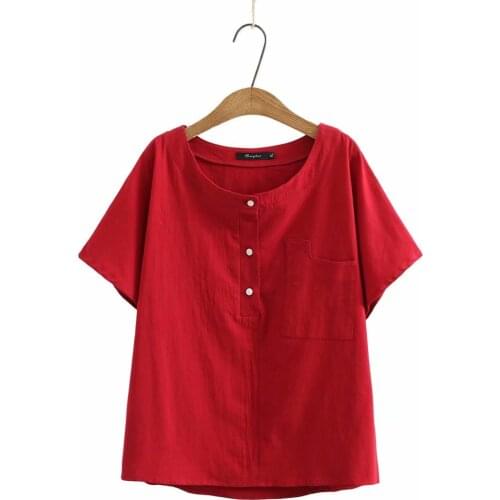 Plus size O neck Cotton button pockets women tshirts 2021 summer casual ladies t shirts female tops t-shirts green red yellow