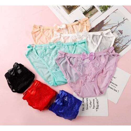 Woman Underpants Sexy Lace Knickers Bow Floral Transparent Panties Women Hollow Out Underwear Female Cotton Crotch Briefs E0035