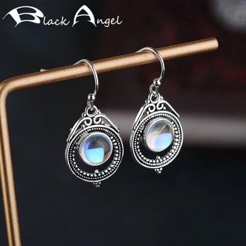 BLACK ANGEL New 925 Silver Moonstone Vintage Drop Earrings Geometric For Women Korean Ear Jewelry Oorbellen