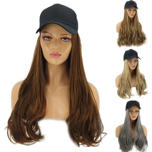 Women Stylish Long Wave Wig Hairpiece Synthetic Hair Extension with Baseball Hat Multicolor Naturally Connect Hat Wig Adjustable