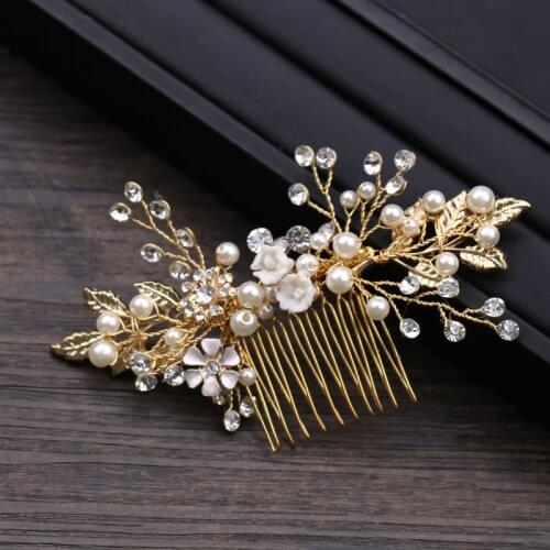 Gold Color Leaf Floral Bride Hair Comb Crystal Flowers Head Pieces Leaf Bridal Hair Pins Tiaras Crown Wedding Hair Accessories