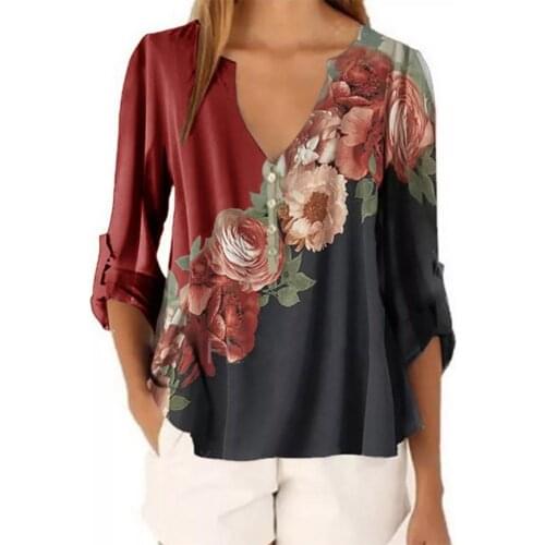 Blouse women Fashion Sexy V Neck Flower Print Casual Long Sleeves Top Shirt Blouse рубашка женская blusas mujer de moda 2020
