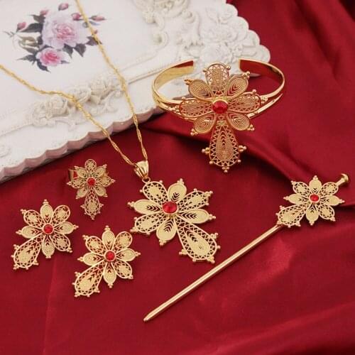 Ethiopian Cross Jewelry Sets Gold Color Fashion Crystal Stone Cross Sets For African Traditional Festival