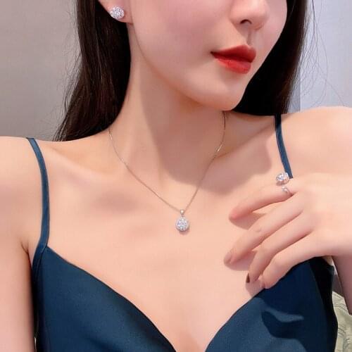 YAONUAN Creative Rotatable Glisten Zircon Round Pendant Necklace/Earrings/Ring For Women Fashion Jewelry Set Fun Accessorie Gift