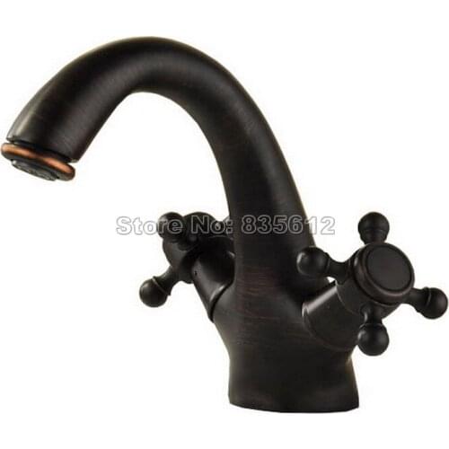 Black Oil Rubbed Brass Bathroom Basin Faucet Dual Handles Vessel Sink Mixer Taps Single Hole Deck Mounted Whg031
