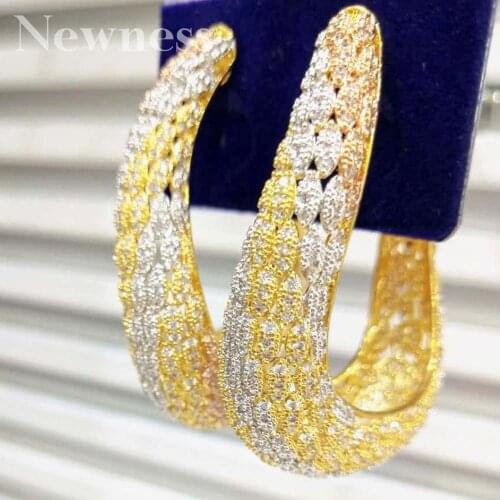 Newness Big Wide Geometry Fashion 3Tone Mixed Ear Drops Copper Material CZ Stone Micro Pave Setting Ladies Earring Jewelry