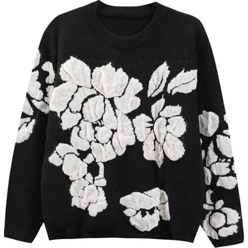 Floral Print Knitted Sweater Women Fad Autumn Winter Pullover Femme Sweaters High Quality Knitted Oversize Black Sweater Jumper