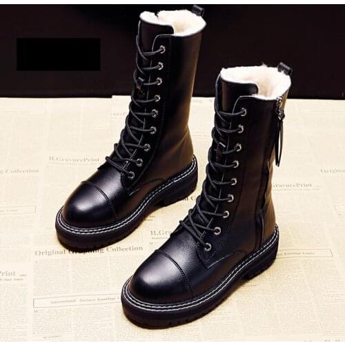 Booties Fashion Womens Short Boots GIRLS Snow Boots PU Leather Side Zip Non-slip Warm Shoes Plush Inner Lace-upBlack