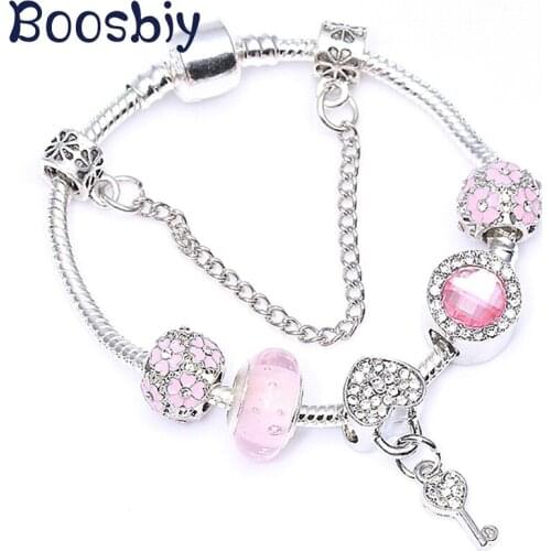 Fashion Brand Charm Bracelets With Crystal Pink Love Key Pendant For Women DIY Siver Plated Romantic Jewelry Gift