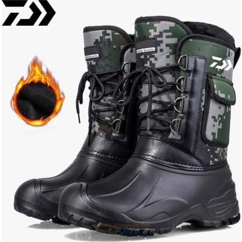 Daiwa 2020 Winter Camouflage Snow Men Boots Rain Shoes Waterproof With Fur Plush Warm Male Casual Mid-Calf Work Fishing Boot