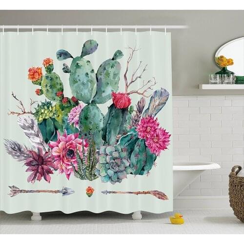Cactus Decor Shower Curtain Spring Garden with Boho Style Bouquet of Thorny Plants Blooms Arrows Bathroom Decor