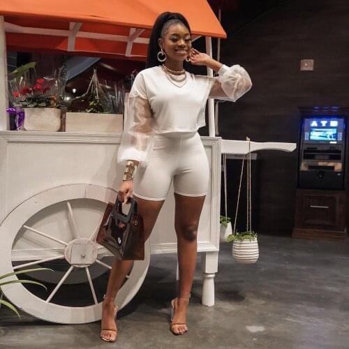 Crew Neck T Shirt Sheer Mesh See Through Wrist Sleeve Loose Tops Tight Slim Fit Mini Shorts Womens Two Pieces Casual Outfits