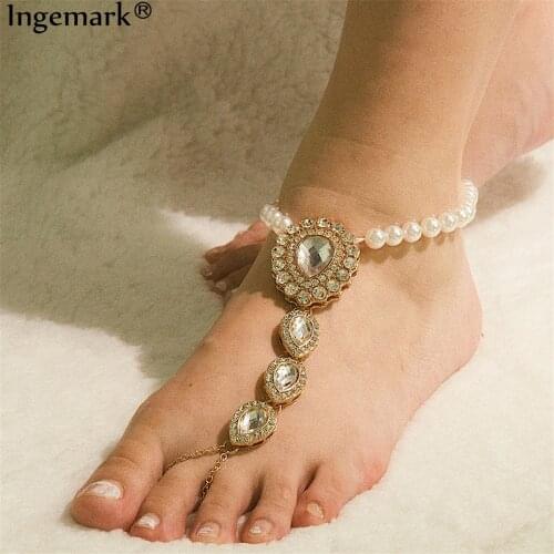 Ingemark Sexy Shiny Crystal Anklets for Women Wedding Beach Barefoot Sandals Imitation Pearl Chain Ankle Bracelet Foot Jewelry