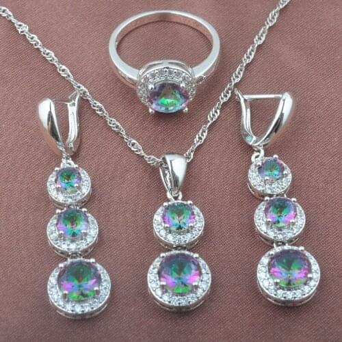 2020 New Silver Color Jewelry Sets Rainbow Cubic Zirconia Wedding Jewelry For Women Earrings Necklace Pendant Ring Set TZ0495
